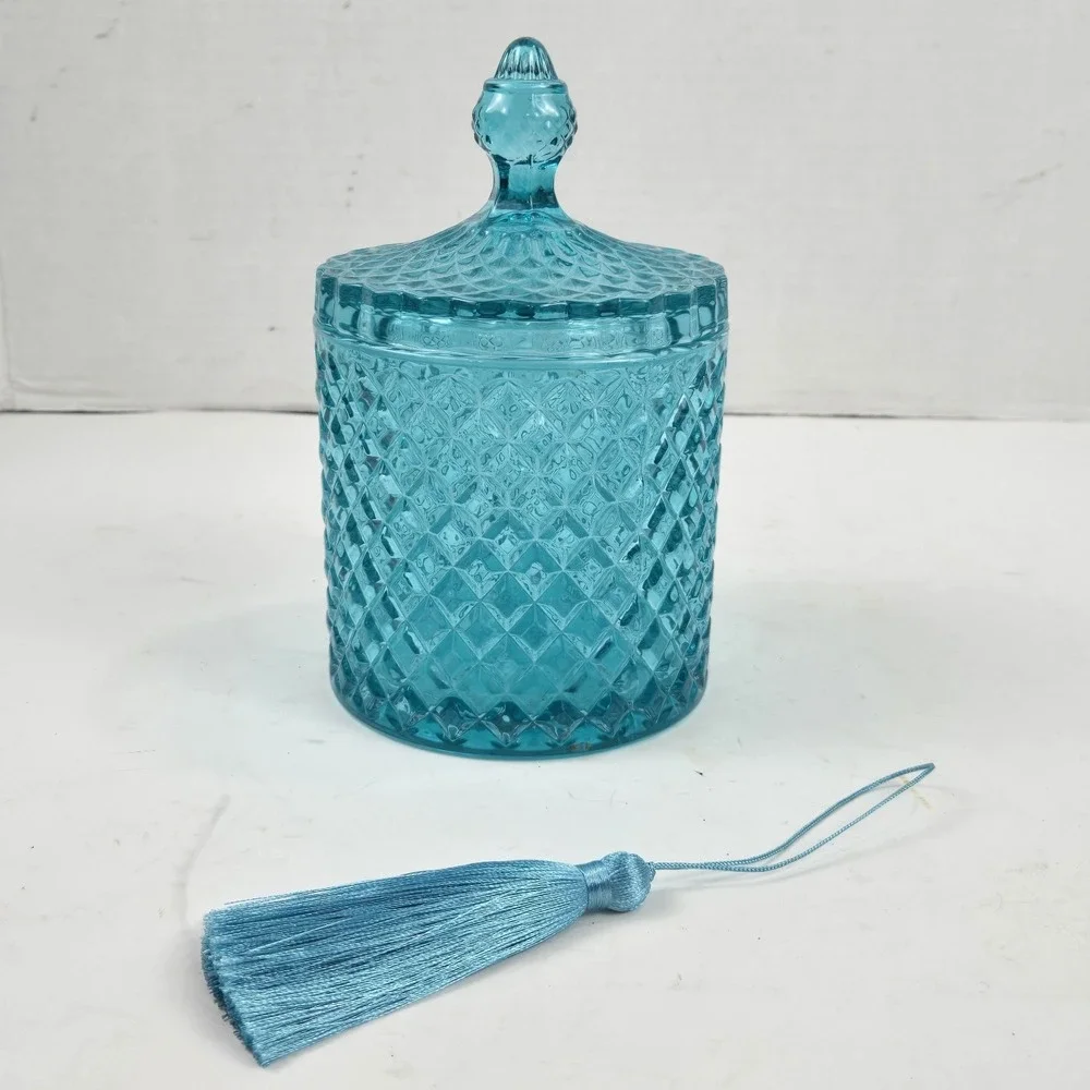 Vtg Style Teal Blue Diamond Cut Lidded Glass Vanity Jar w Tassel 6.5x4